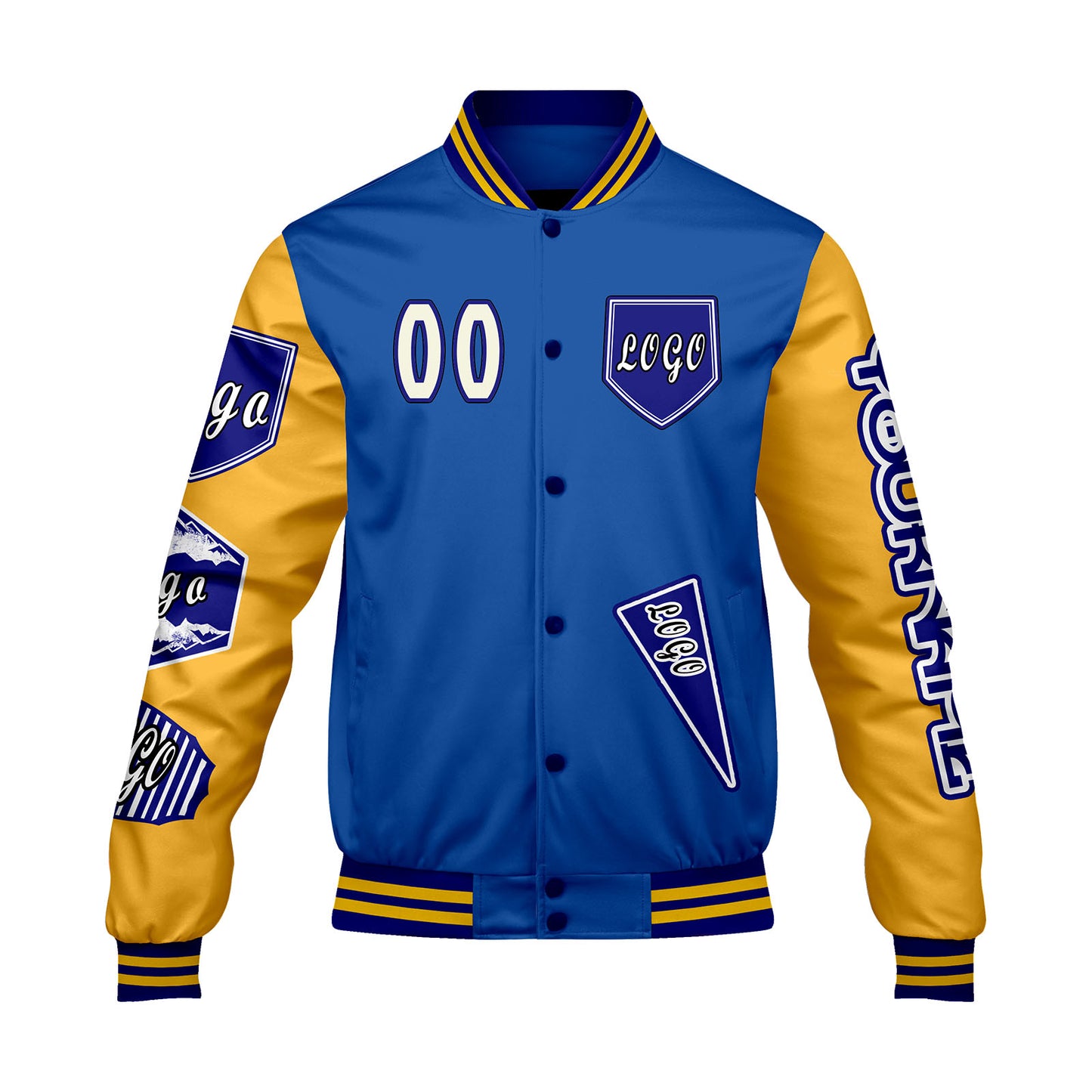 Custom Blue Yellow Letterman Varsity Jacket Personalized Embroidery Printing
