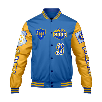 Custom Blue Yellow Letterman Varsity Jacket Personalized Embroidery Printing