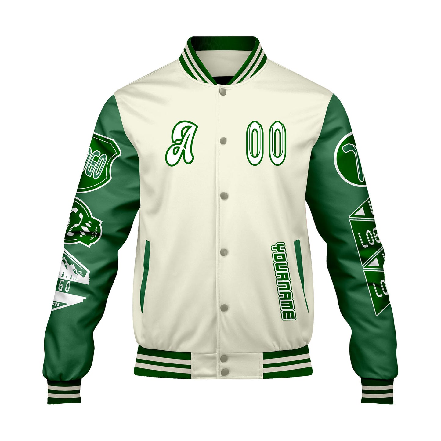 Custom White Grass Green Letterman Varsity Jacket Personalized Embroidery Printing