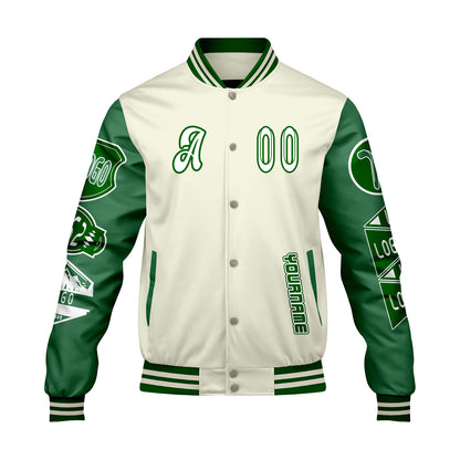 Custom White Grass Green Letterman Varsity Jacket Personalized Embroidery Printing