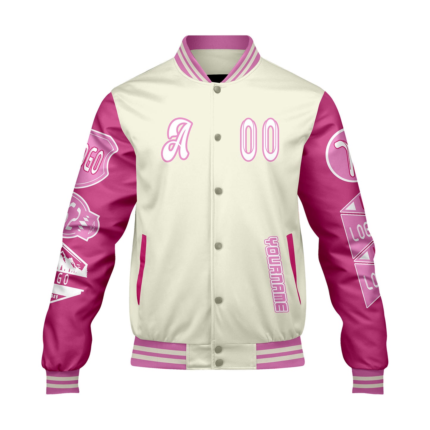 Custom White Pink Letterman Varsity Jacket Personalized Embroidery Printing