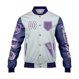 Custom Gray Purple Letterman Varsity Jacket Personalized Embroidery Printing