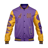 Custom Purple Yellow Letterman Varsity Jacket Personalized Embroidery Printing