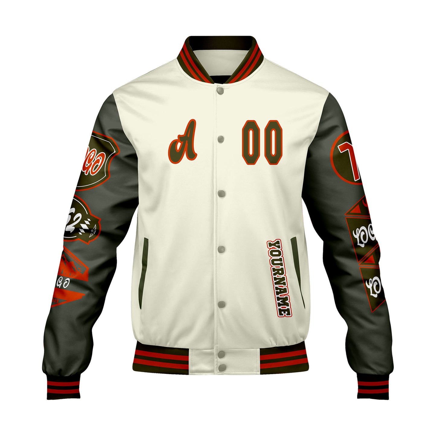Custom White Military Green Letterman Varsity Jacket Personalized Embroidery Printing