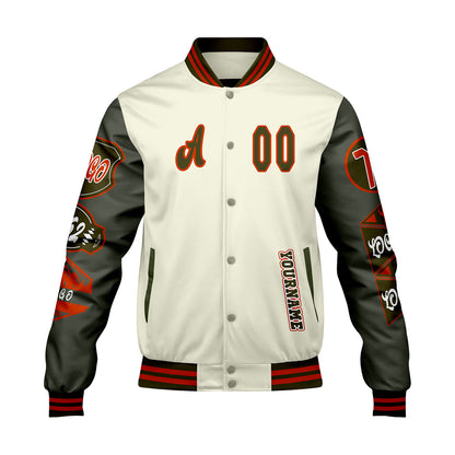 Custom White Military Green Letterman Varsity Jacket Personalized Embroidery Printing