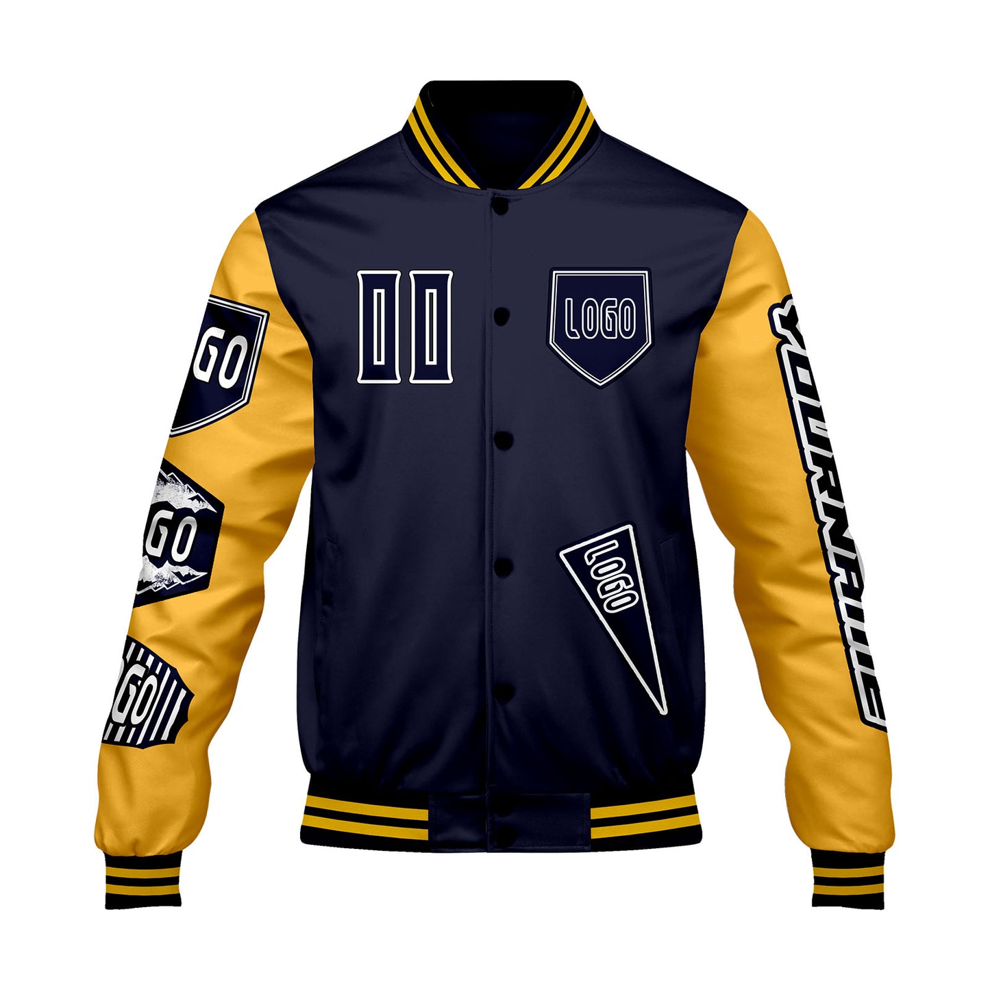 Custom Navy Yellow Letterman Varsity Jacket Personalized Embroidery Printing