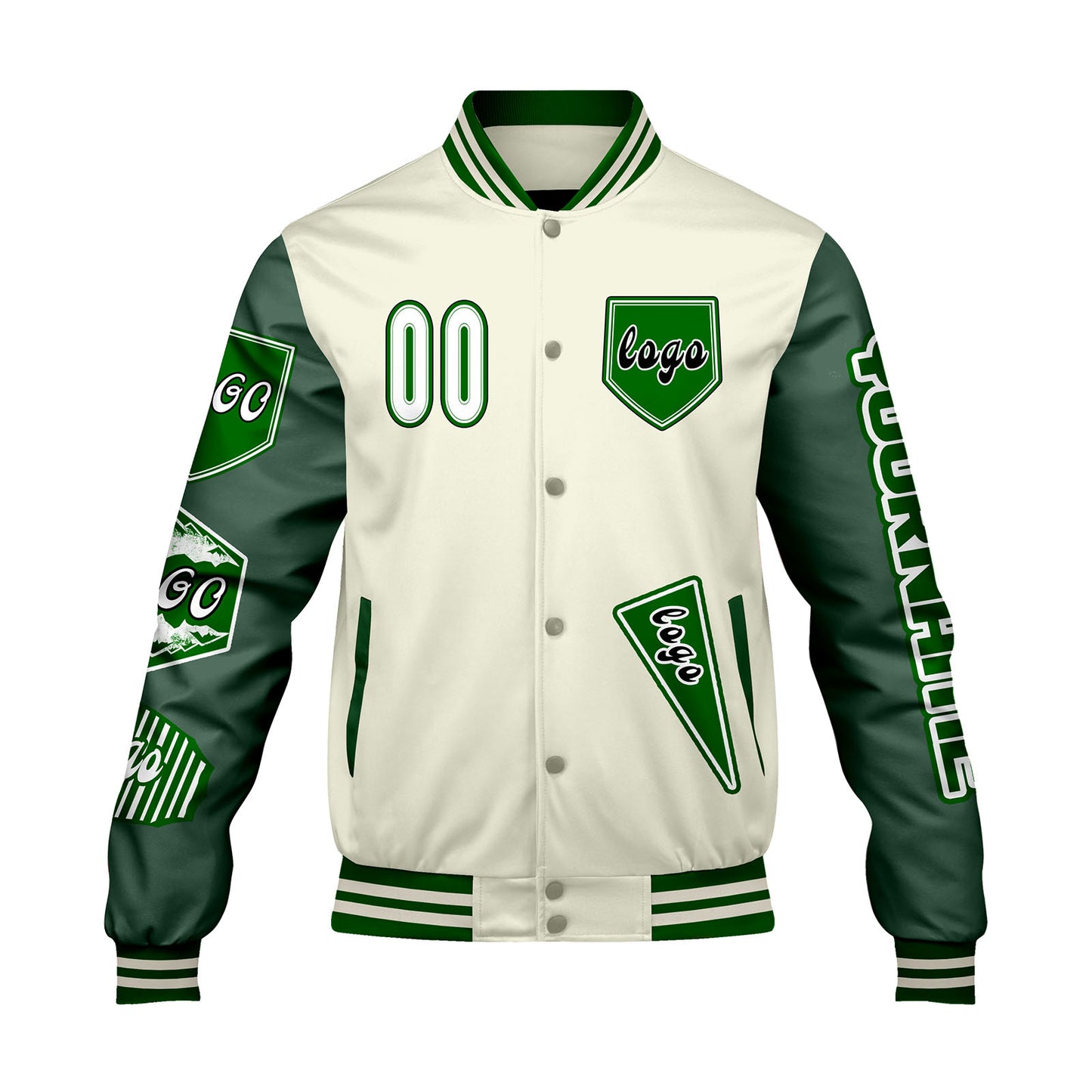 Custom White Military Green Letterman Varsity Jacket Personalized Embroidery Printing