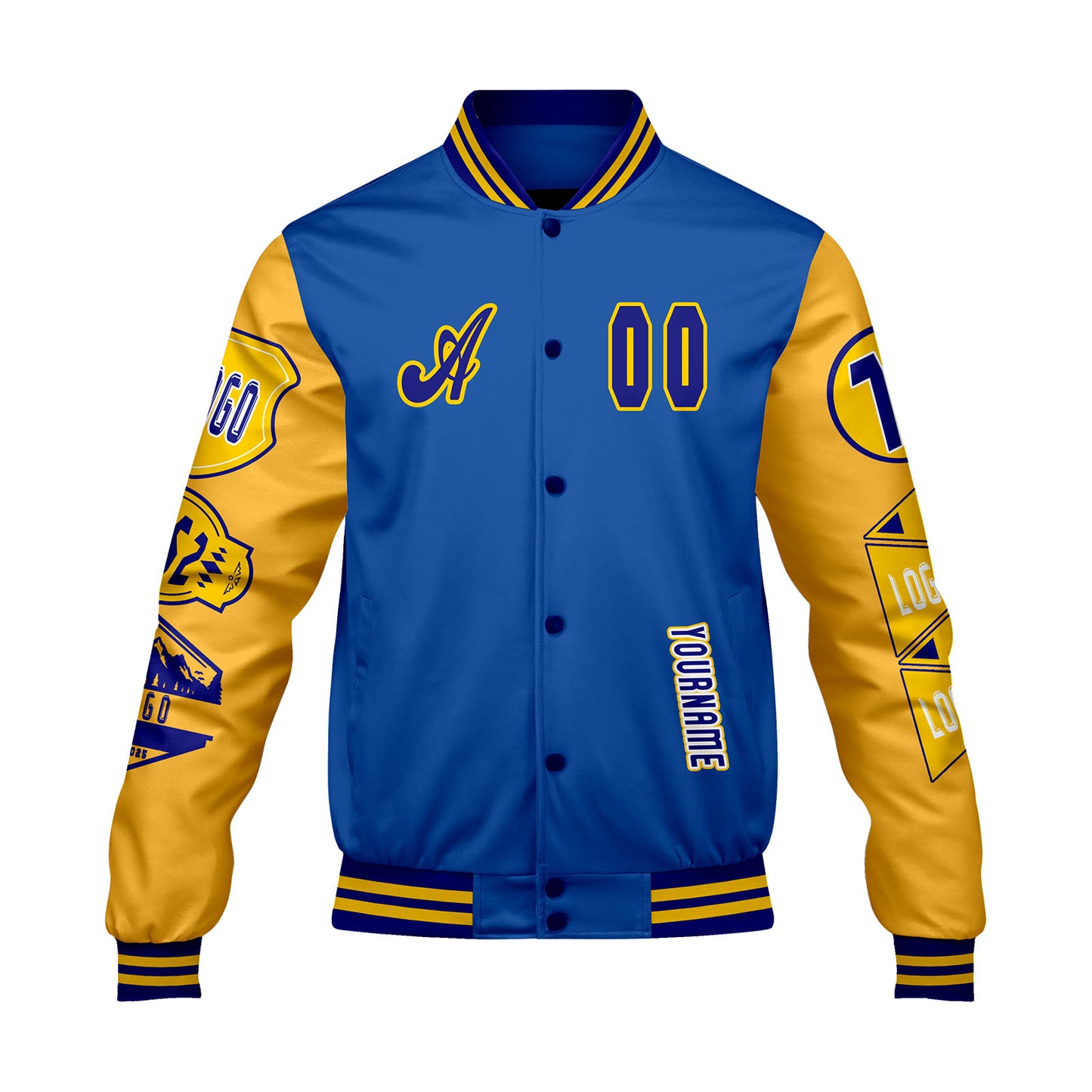 Custom Blue Yellow Letterman Varsity Jacket Personalized Embroidery Printing