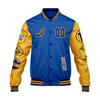 Custom Blue Yellow Letterman Varsity Jacket Personalized Embroidery Printing