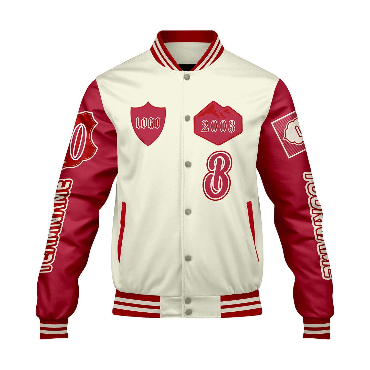 Custom White Red Letterman Varsity Jacket Personalized Embroidery Printing