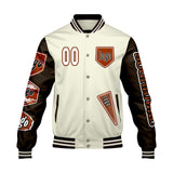 Custom White Brown Letterman Varsity Jacket Personalized Embroidery Printing