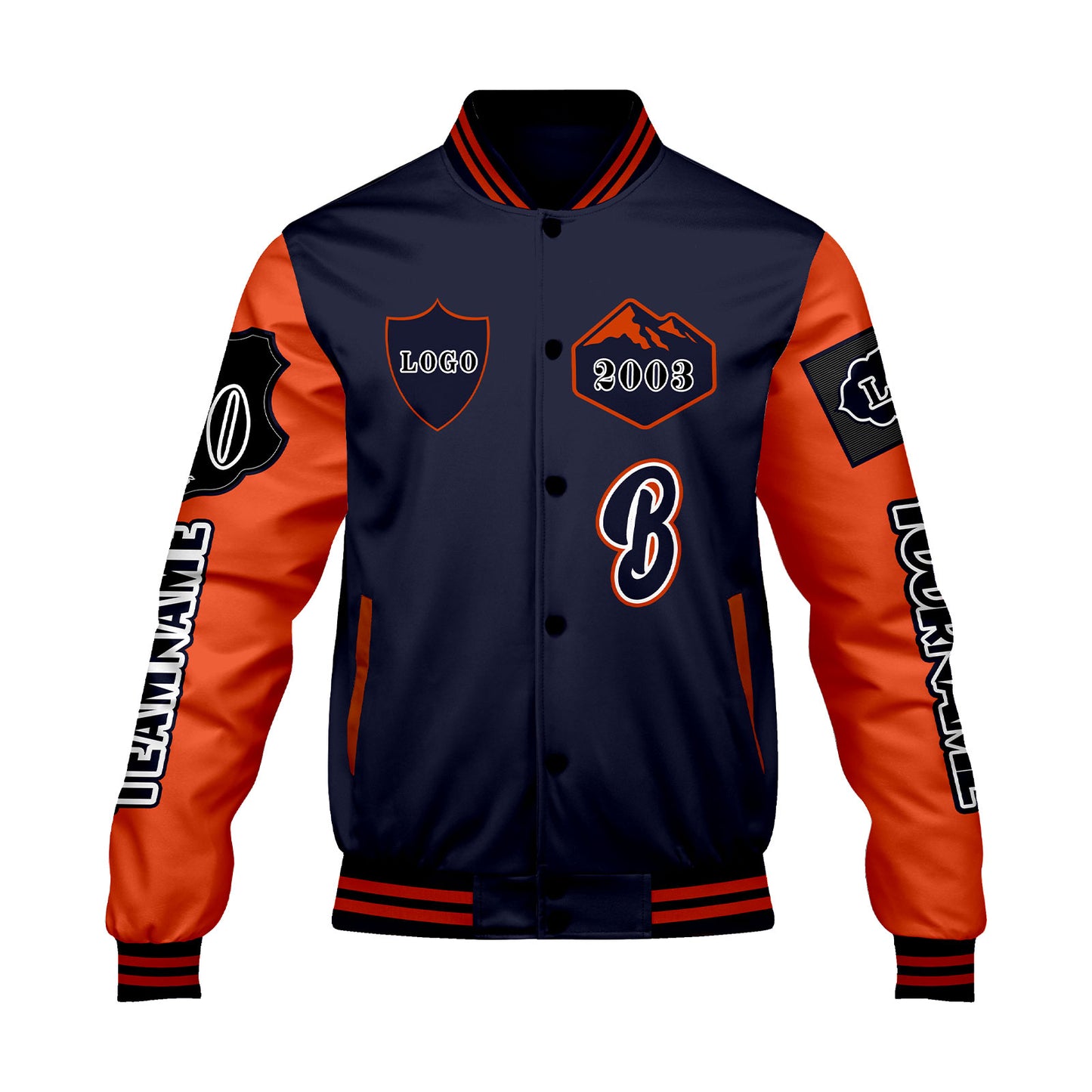 Custom Navy Orange Letterman Varsity Jacket Personalized Embroidery Printing