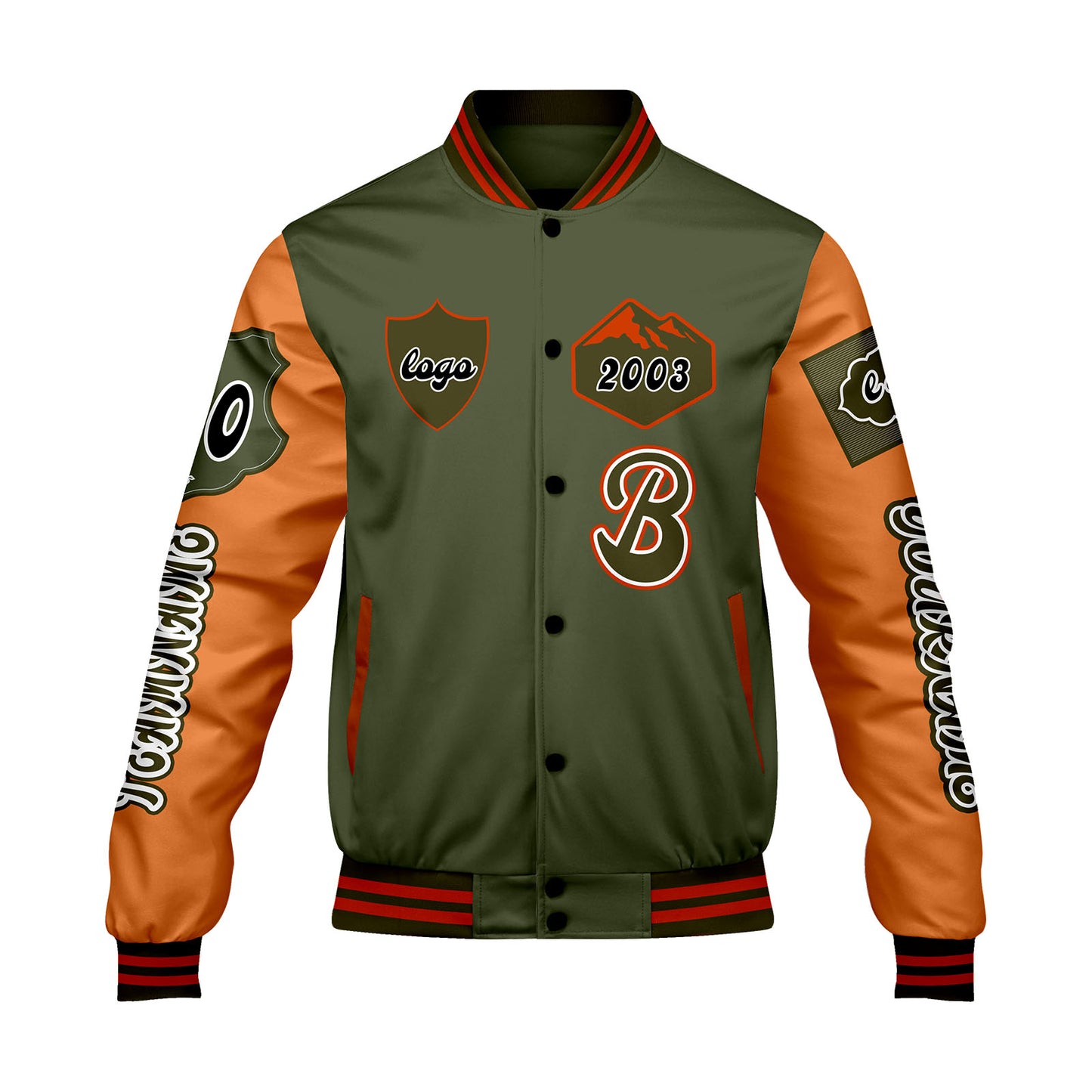 Custom Olive Green Orange Letterman Varsity Jacket Personalized Embroidery Printing