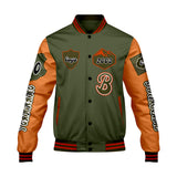 Custom Olive Green Orange Letterman Varsity Jacket Personalized Embroidery Printing