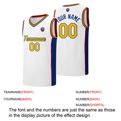 Custom basketball jersey shorts for men and women. Embroidered and printed name, number and logo White&Royal