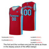 Custom basketball jersey shorts for men and women. Embroidered and printed name, number and logo Red&Light Blue