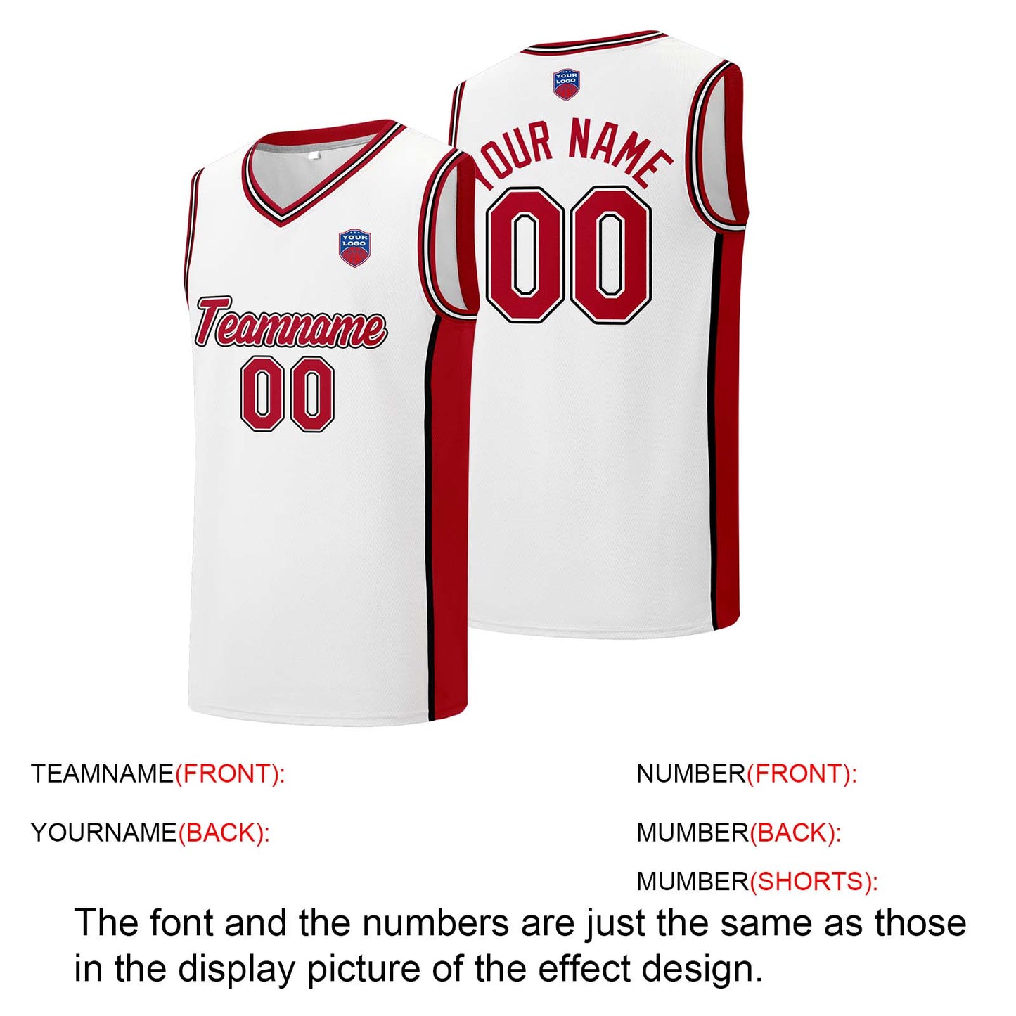 Custom basketball jersey shorts for men and women. Embroidered and printed name, number and logo White&Red