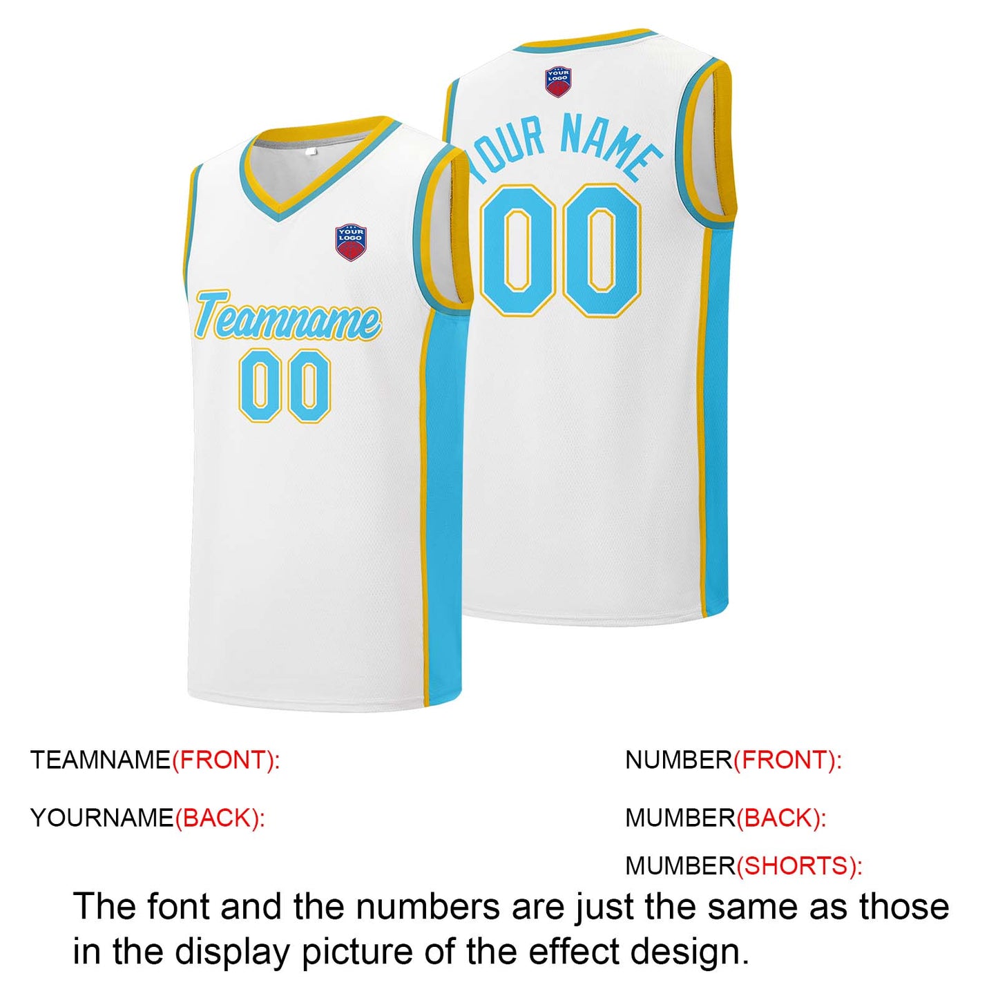 Custom basketball jersey shorts for men and women. Embroidered and printed name, number and logo White&Light Blue