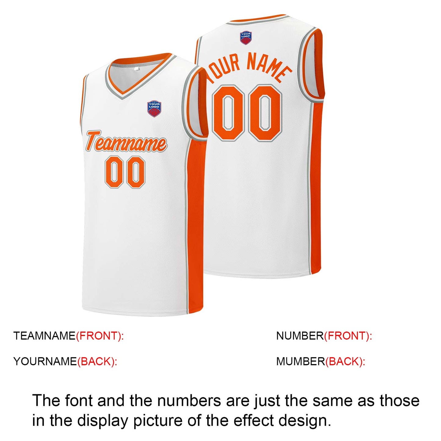 Custom basketball jersey shorts for men and women. Embroidered and printed name, number and logo White