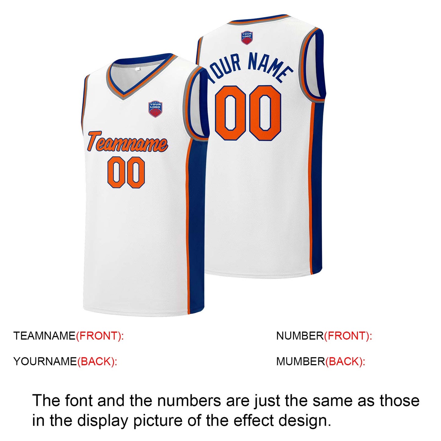 Custom basketball jersey shorts for men and women. Embroidered and printed name, number and logo White