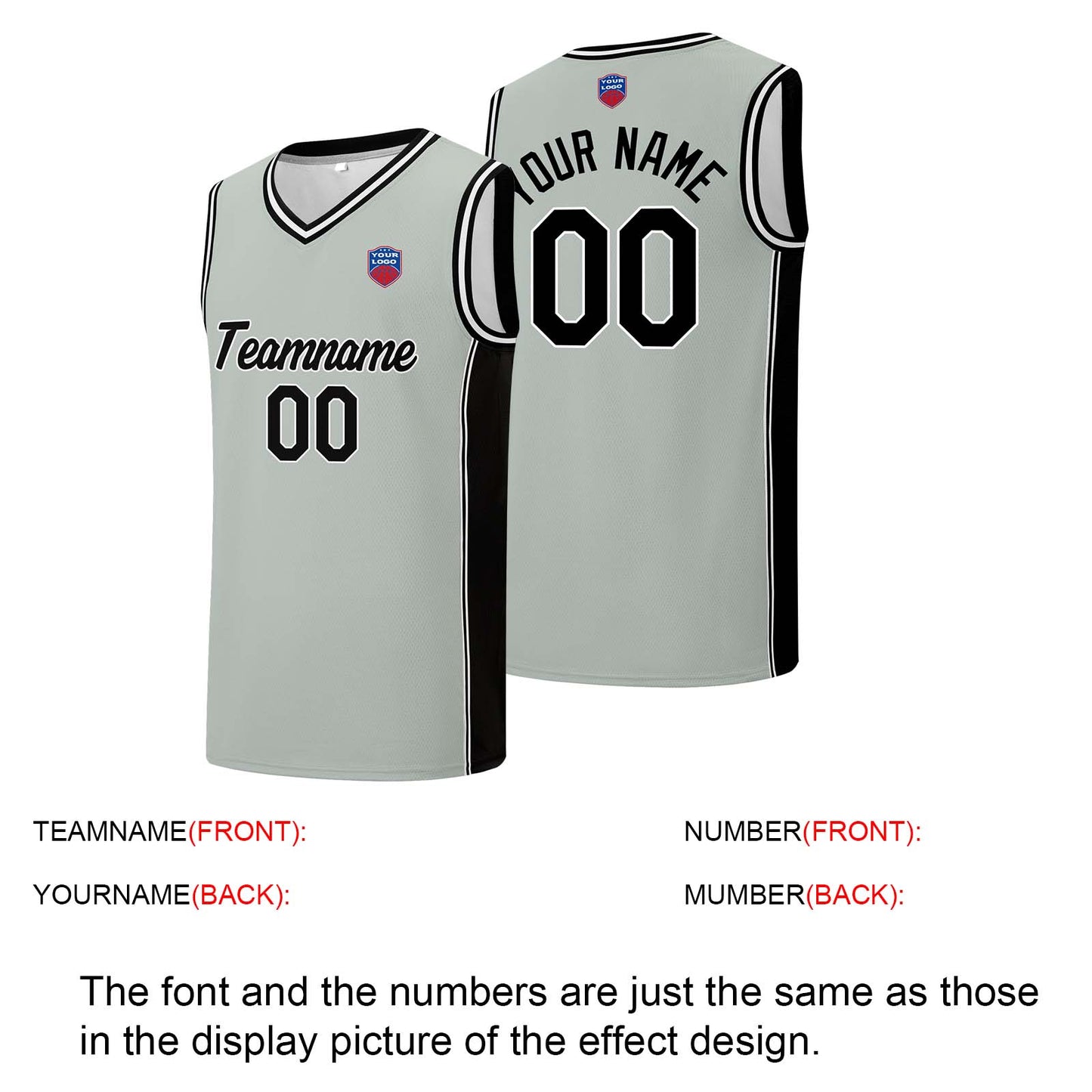 Custom basketball jersey shorts for men and women. Embroidered and printed name, number and logo Grey