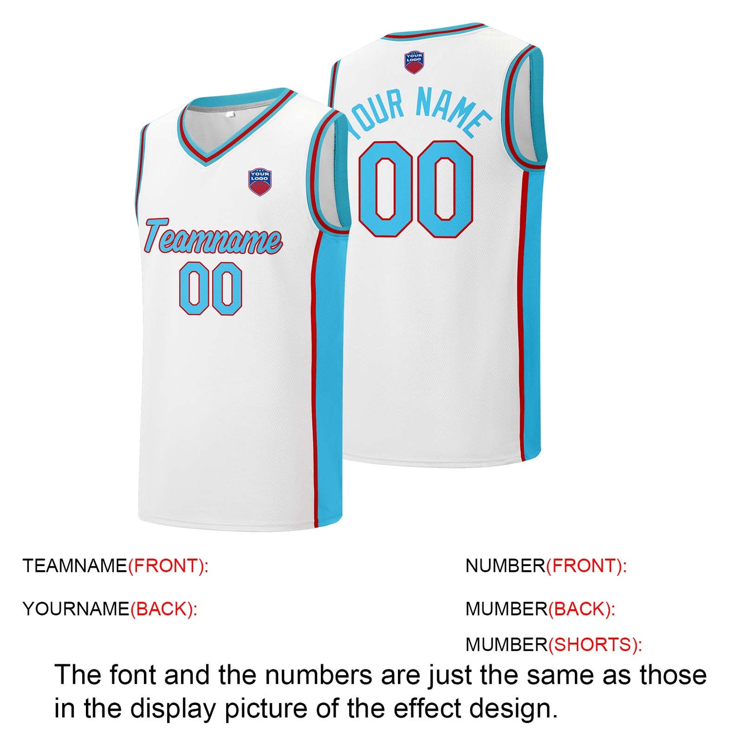 Custom basketball jersey shorts for men and women. Embroidered and printed name, number and logo White&Light Blue&Red