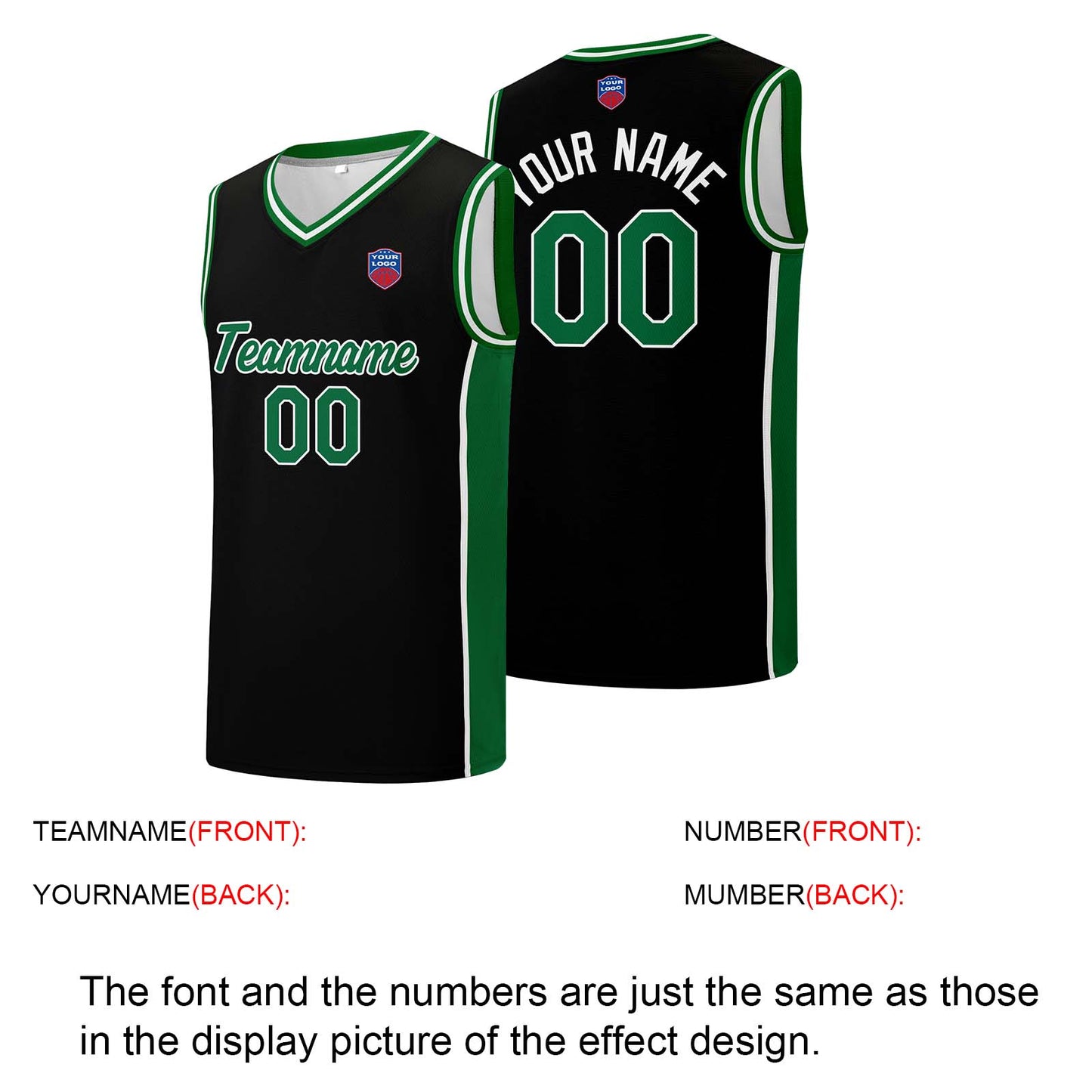 Custom basketball jersey shorts for men and women. Embroidered and printed name, number and logo Black