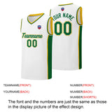 Custom basketball jersey shorts for men and women. Embroidered and printed name, number and logo White&Green&Yellow