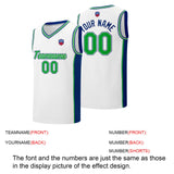 Custom basketball jersey shorts for men and women. Embroidered and printed name, number and logo White&Royal&Green