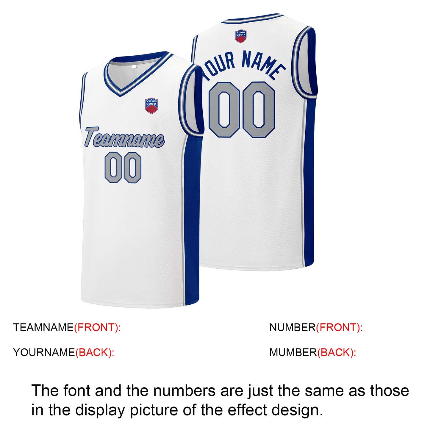 Custom basketball jersey shorts for men and women. Embroidered and printed name, number and logo White