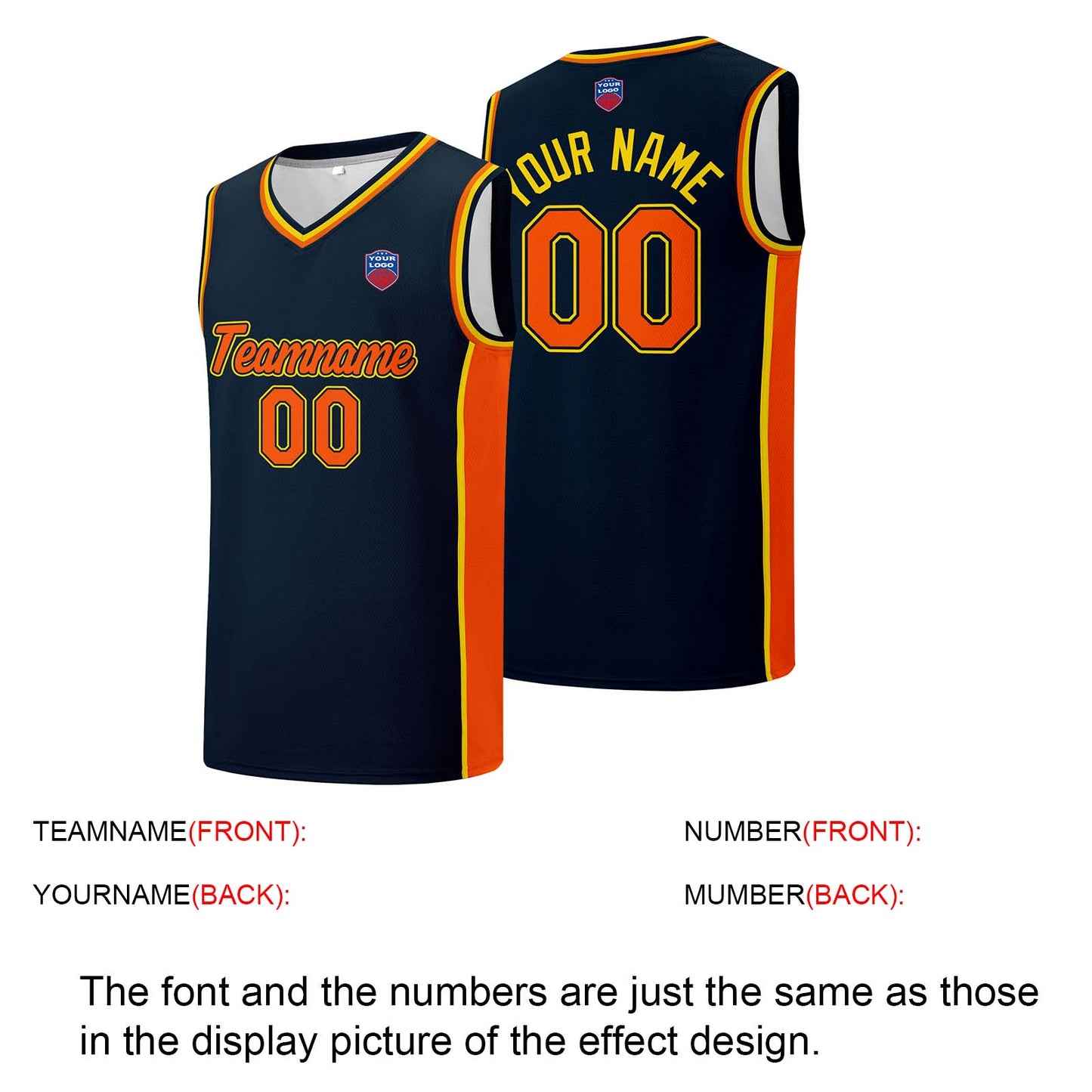 Custom basketball jersey shorts for men and women. Embroidered and printed name, number and logo Navy
