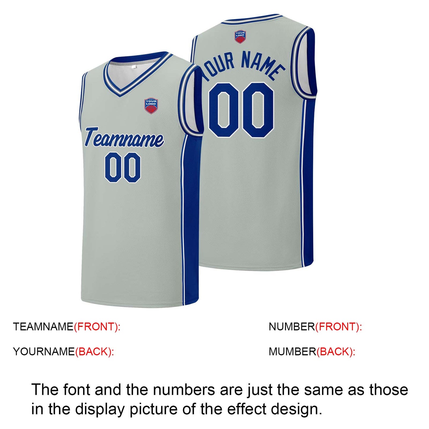 Custom basketball jersey shorts for men and women. Embroidered and printed name, number and logo Grey