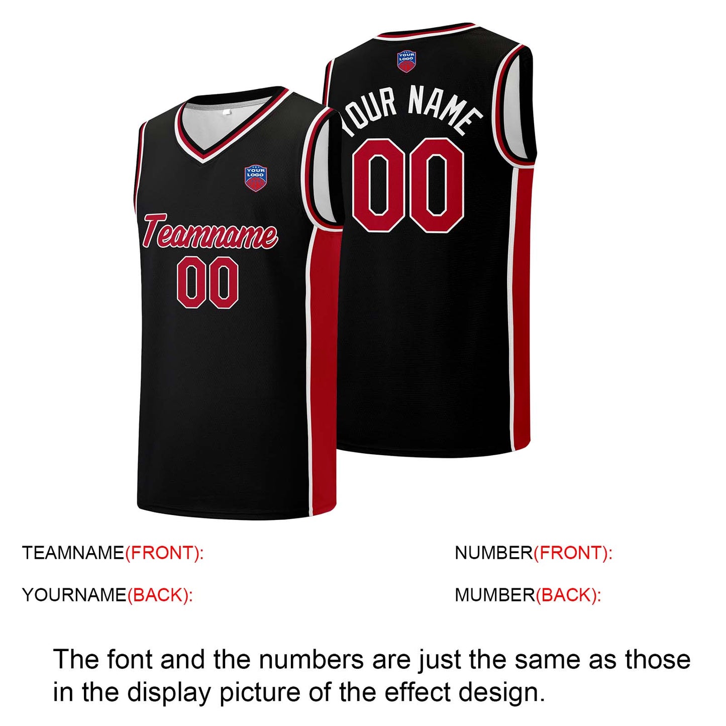 Custom basketball jersey shorts for men and women. Embroidered and printed name, number and logo Black