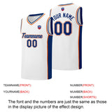 Custom basketball jersey shorts for men and women. Embroidered and printed name, number and logo White&Royal&Orange