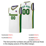 Custom basketball jersey shorts for men and women. Embroidered and printed name, number and logo White&Green&Yellow&Purple