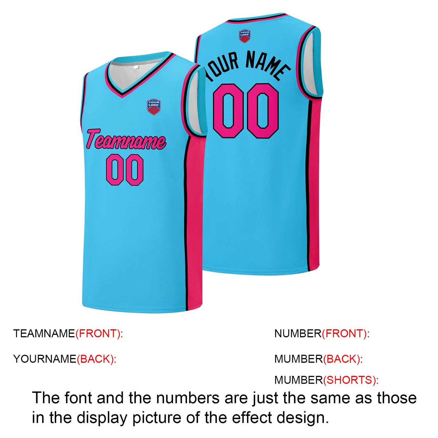 Custom basketball jersey shorts for men and women. Embroidered and printed name, number and logo Light Blue&Pink
