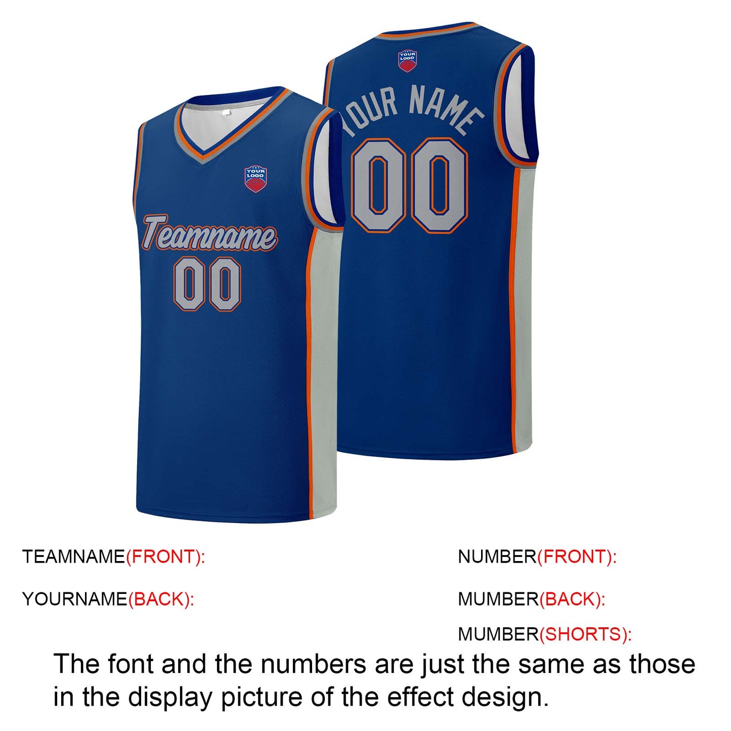 Custom basketball jersey shorts for men and women. Embroidered and printed name, number and logo Royal&Grey