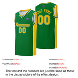 Custom basketball jersey shorts for men and women. Embroidered and printed name, number and logo Green&Yellow