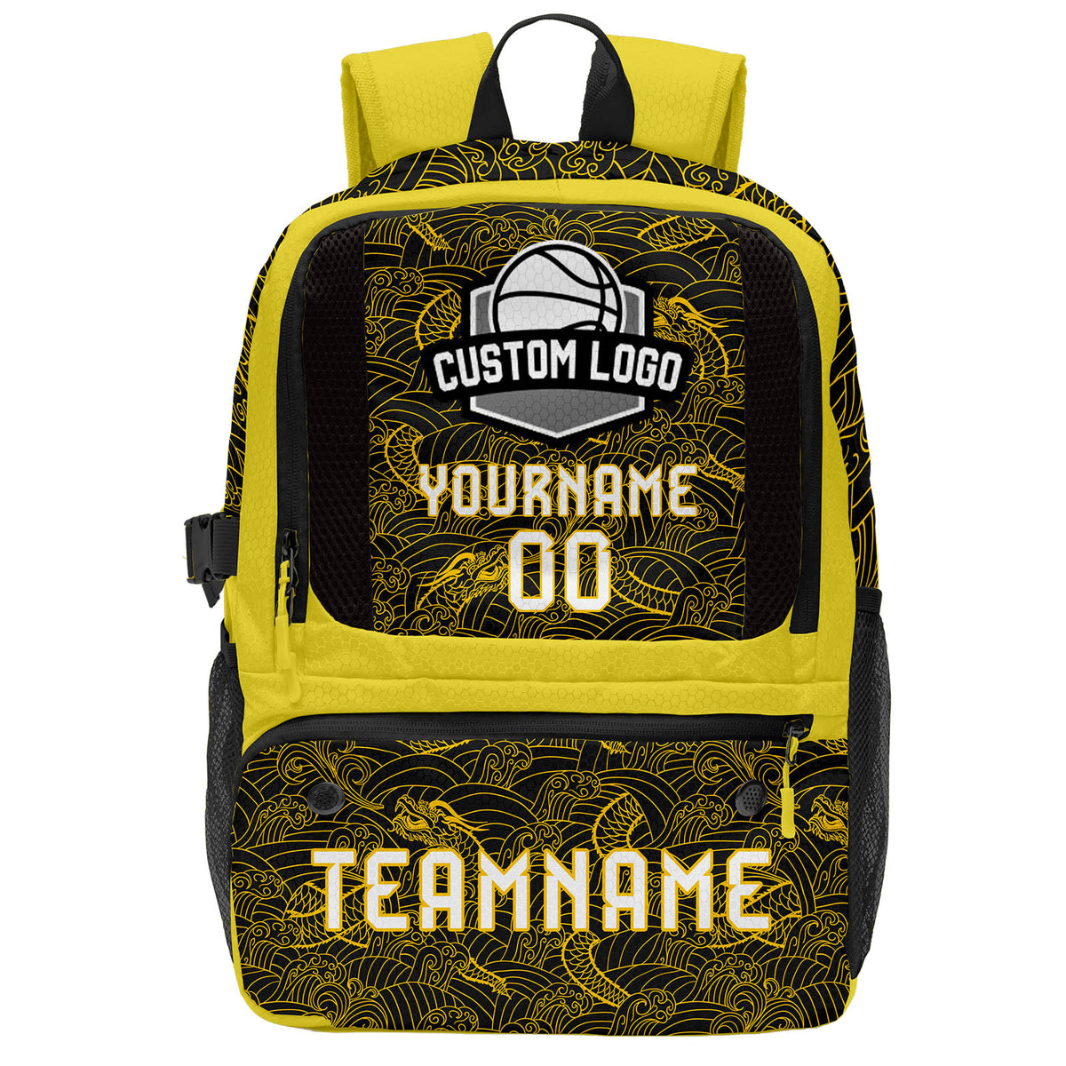 Custom Yellow Black Basketball Soccer Backpack Personalized Player Names Numbers Team Logo #BB-0919-0040