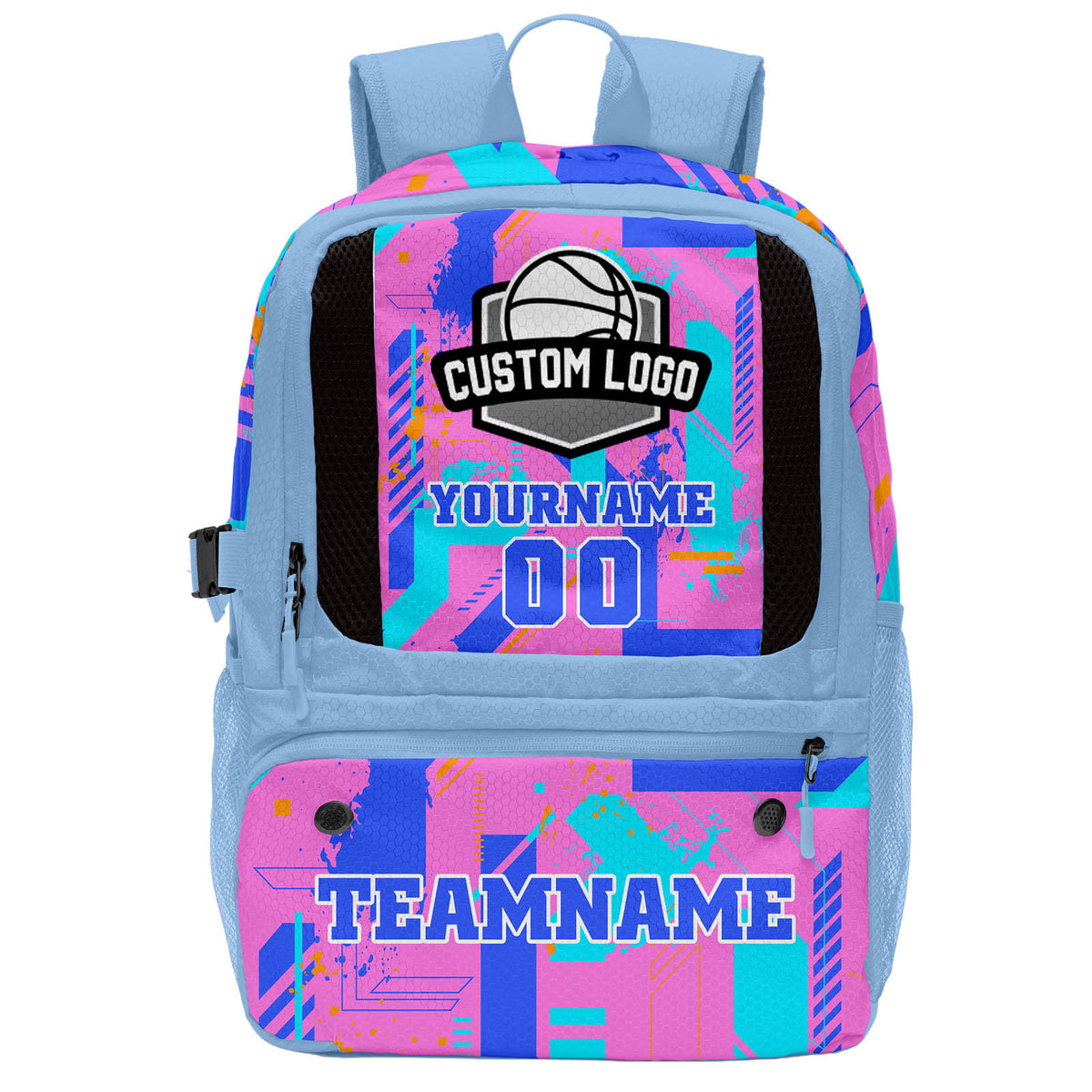 Custom Light Blue Bright Purple Orange Green Basketball Soccer Backpack Personalized Player Names Numbers Team Logo #BB-0919-0019