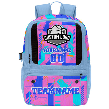 Custom Light Blue Bright Purple Orange Green Basketball Soccer Backpack Personalized Player Names Numbers Team Logo #BB-0919-0019