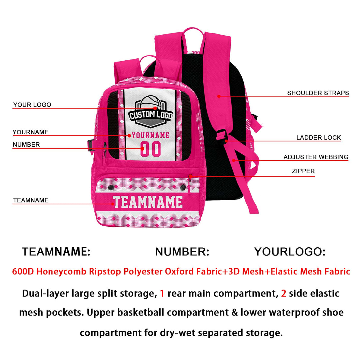 Custom Pink Basketball Soccer Backpack Personalized Player Names - Numbers & Team Logo #150-BP-0914-0015