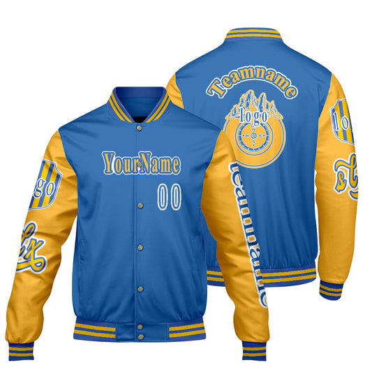 Custom Blue Yellow Letterman Varsity Jacket Personalized Embroidery Printing