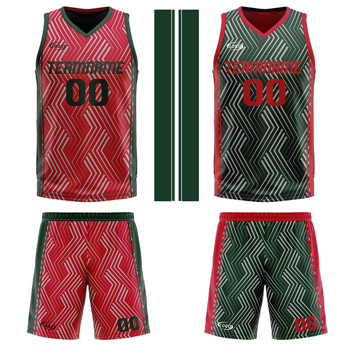 Custom Red Green Reversible Basketball Suit for Adults and Kids Personalized Jersey