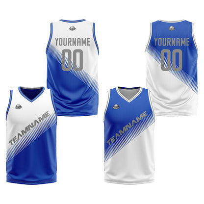 Custom White Blue Reversible Basketball Suit for Adults and Kids Personalized Jersey