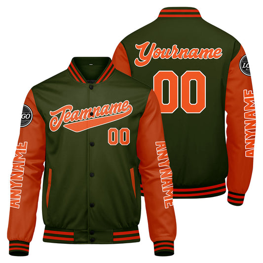 Custom Olive Green Orange Varsity Jackets for Men Women Youth Personalized Letterman Jackets
