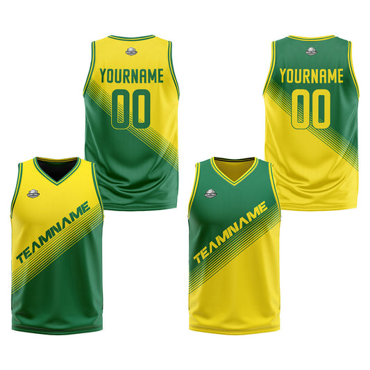 Custom Yellow Green Reversible Basketball Suit for Adults and Kids Personalized Jersey