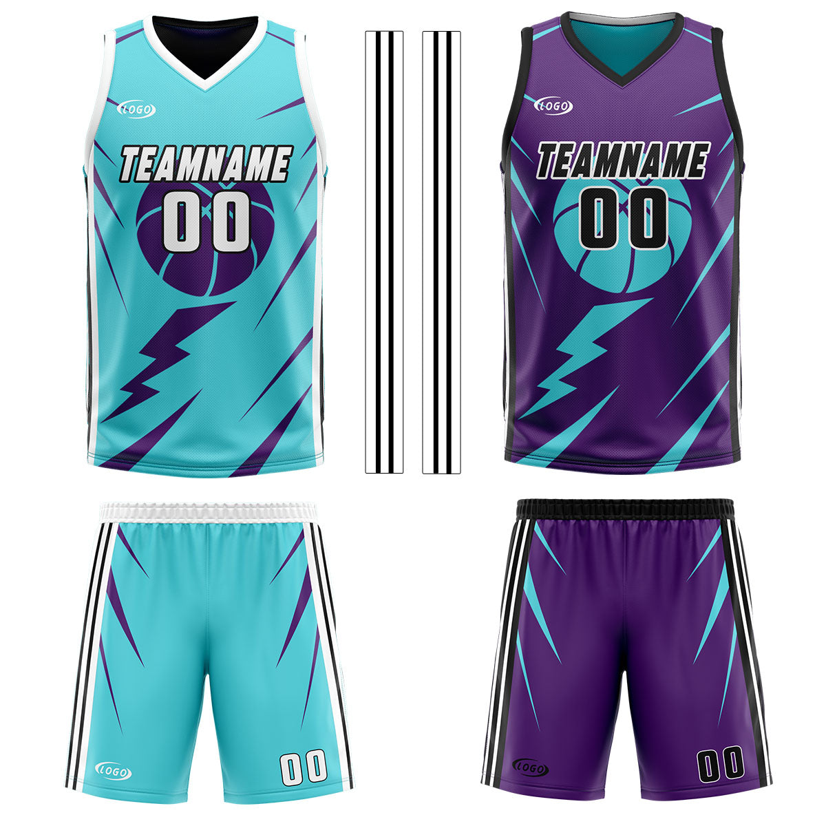 Custom Cyan Dull Purple Reversible Basketball Suit for Adults and Kids Personalized Jersey