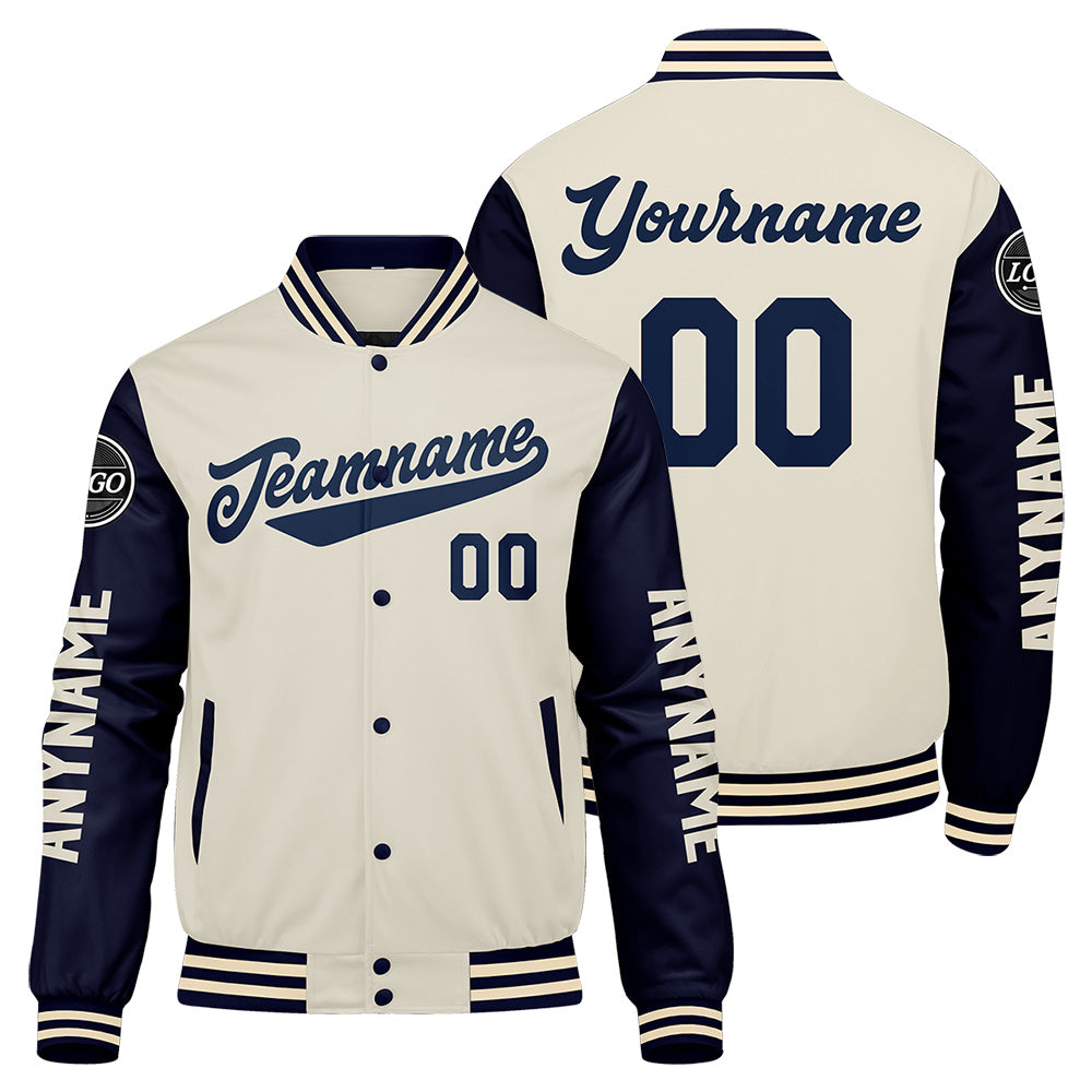 Custom Navy Cream Varsity Jackets for Men Women Youth Personalized Letterman Jackets