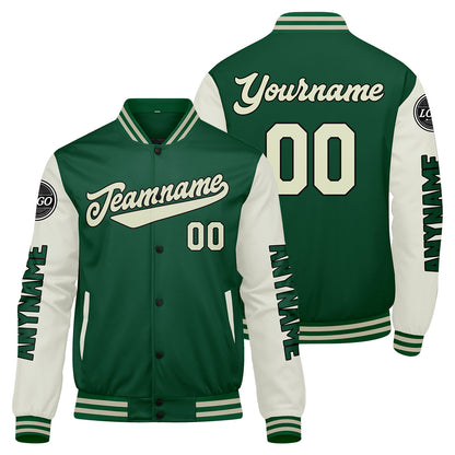 Custom Green Cream Varsity Jackets for Men Women Youth Personalized Letterman Jackets